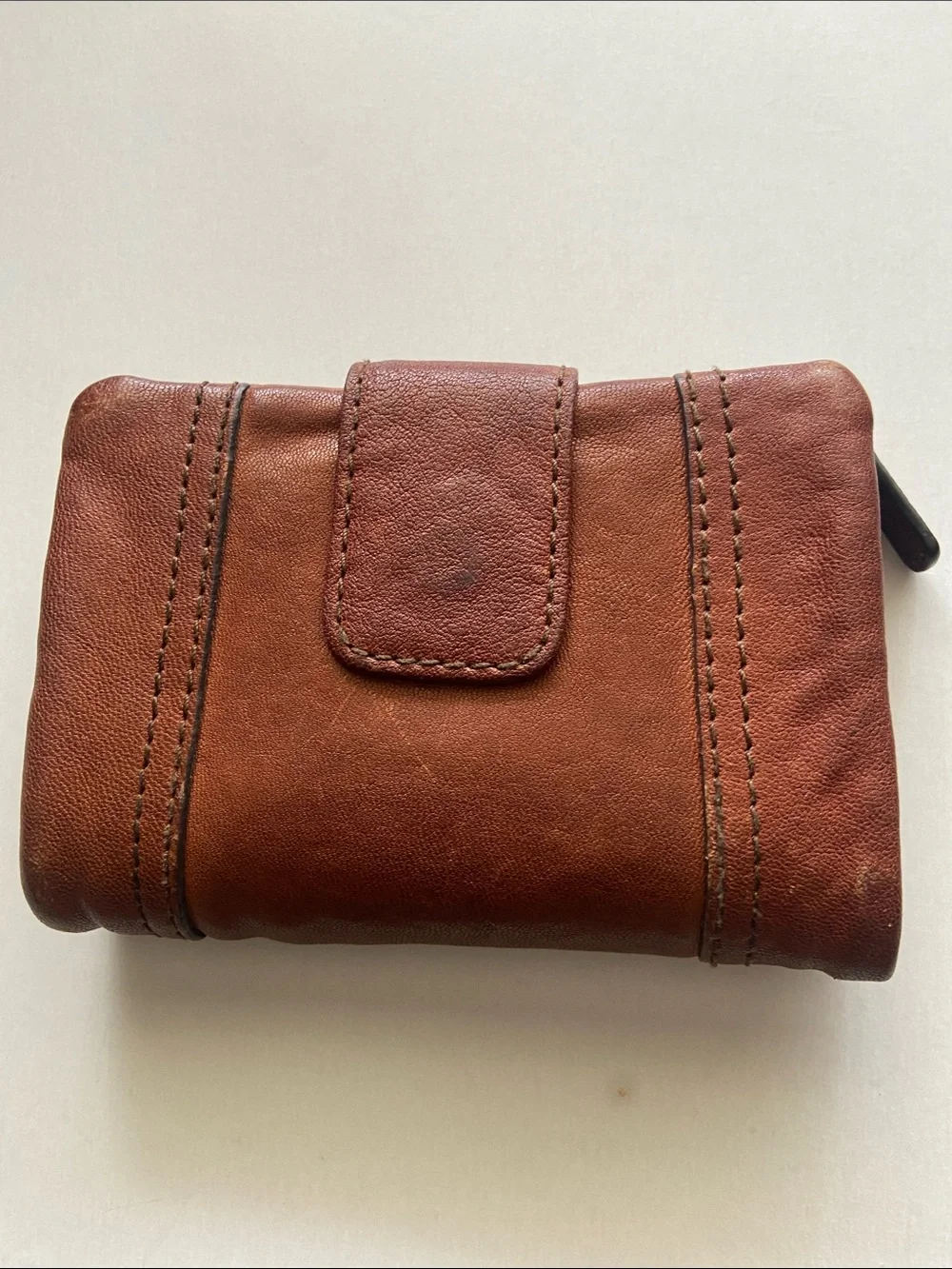 Fossil Brown Leather Compact Zip Wallet with Brass Plate 5 x 4.5”